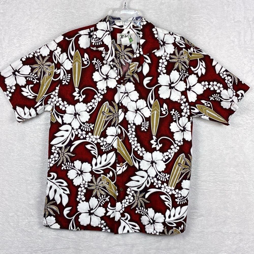 VTG KYs Hawaiian Camp Shirt Mens M Red White Floral Aloha Beach Tiki Surf USA